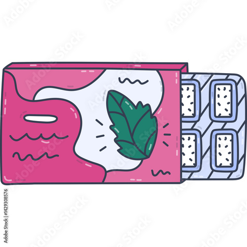 Lovely cartoon doodle of chewing gum pads in blister with mint flavor showing from bright packaging. Trendy hand drawn sugared bubble gum dragees for refreshing breath, teeth hygiene isolated.