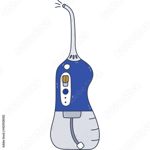 Cute outline cartoon electronic oral and gum irrigator for dental hygiene and mouth care. Hand drawn tooth and cavity home healthcare doodle. Funny childish clipart of water flosser isolated on white.