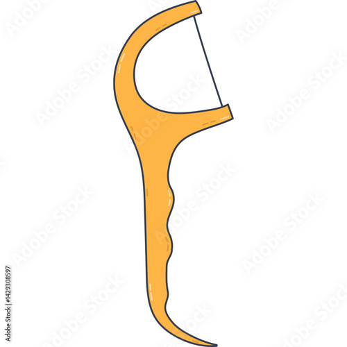 Lovely cartoon dental floss holder. Trendy hand drawn teeth string with handle for manual interdental cleansing. Oral and stomatology instrument. Cute simple clipart isolated on white background.