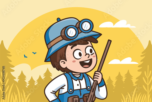 A whimsical illustration of a young cartoon hunter, comically overwhelmed by oversized hunting gear, brimming with excited energy.