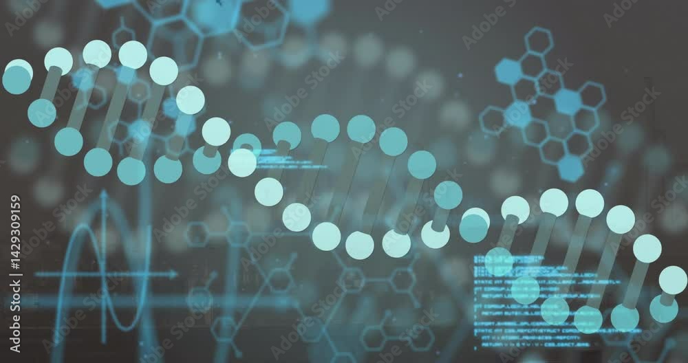 DNA double helix moving across animated illustration, showing hexagonal structures and glowing code