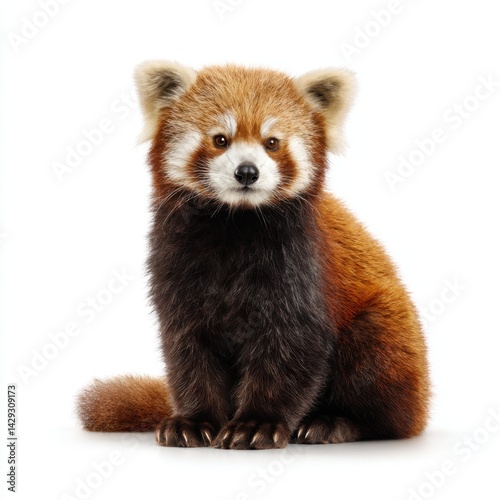 Cute red panda sitting and looking forward isolated on white background

