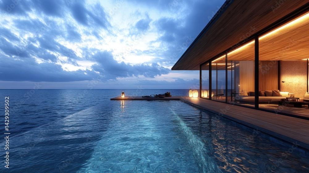 Fototapeta premium Oceanfront villa's infinity pool at twilight