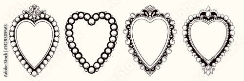 Heart-shaped vintage frames with ornate details and pearl borders. Coquette style with romantic shapes and elegant decorative accents.