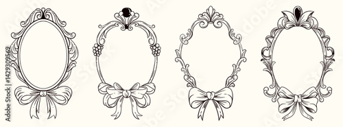 Collection of ornate oval frames with vintage baroque elements and decorative bows. Coquette-inspired detailing with elegant and romantic flair.
