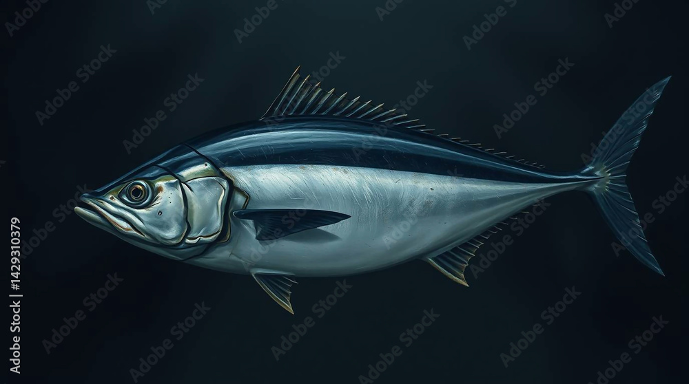 Fototapeta premium A depiction of a tuna fish in a strong moody style, characterized by low contrast and a somber palette.jpg