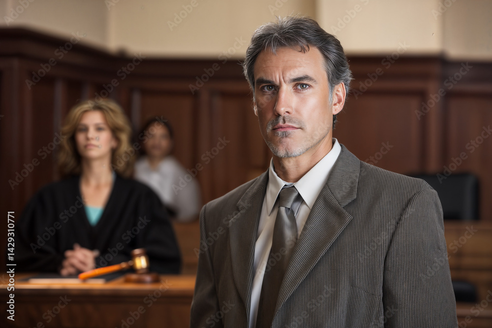 The image shows a man in a courtroom setting, wearing a suit and tie