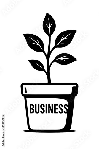 Vector illustration of a plant growing in a pot labeled "BUSINESS" in black and white. Represents business growth, development, and nurturing a venture.