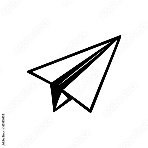 Vector illustration of a simple paper airplane in black and white. Represents childhood, creativity, and sending messages.