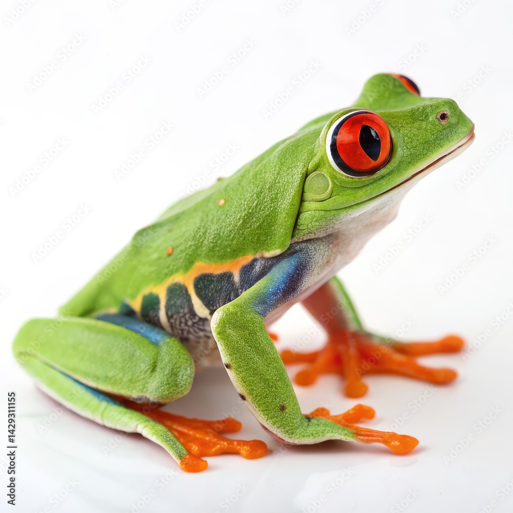 Obraz premium Vibrant Green Frog Close-Up Macro Photography, White Background, Amphibian Portrait, Nature, Wildlife Amphibian, Red-eyed tree frog