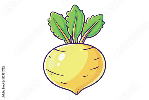 a turnip, with detailed texture and bright colors, showcasing its bulbous shape and fresh green leaves