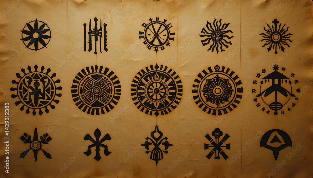 Fototapeta premium Assorted black symbols on parchment background creating an abstract pattern and design elements