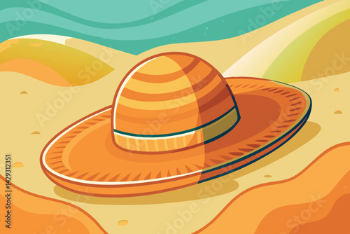 detailed illustration of a wide brimmed summer hat lying on desert sand, with a lively orange and green color scheme