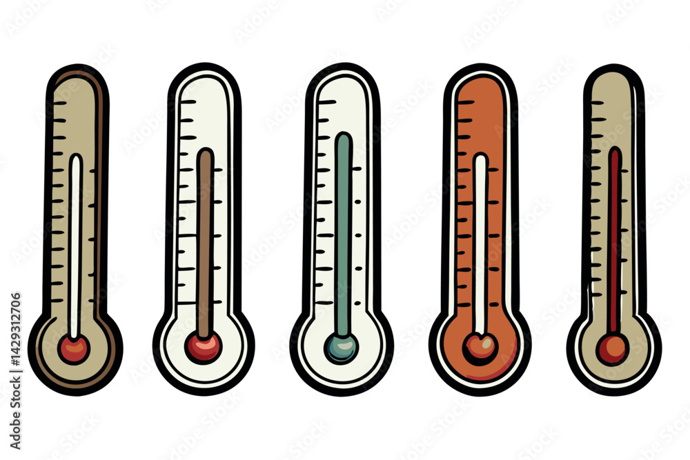 A set of colorful digital thermometers showing different temperature levels on a white background with varying readings A set of colorful digital thermometers showing different temperature levels on a white background with varying readings