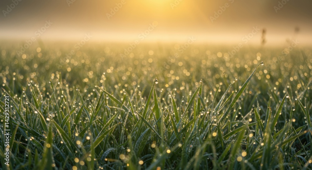 Fototapeta premium Dewy grass glistening in morning sunlight with misty background 