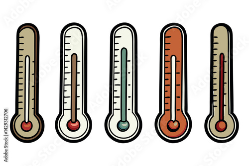 A set of colorful digital thermometers showing different temperature levels on a white background with varying readings