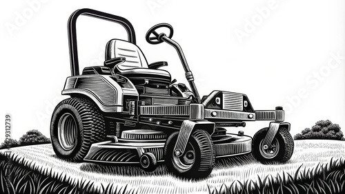Zero Turn Mower Black and White Woodcut Illustration, Lawn Equipment, Gardening, Riding Mower lawn care, landscaping