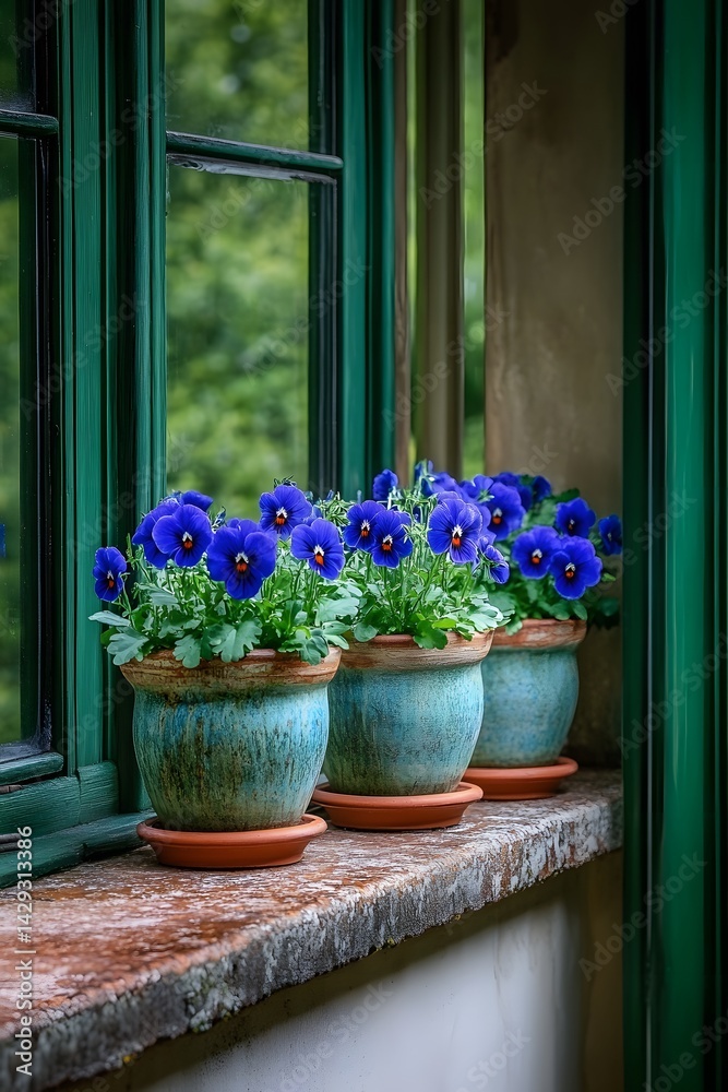 Fototapeta premium Vibrant Blue Pansies in Rustic Terracotta Pots on Windowsill