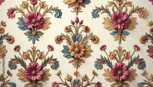 Intricate floral damask pattern in muted tones, antique, floral