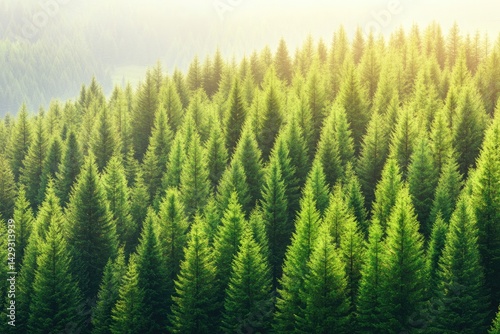 Lush green forest canopy. Sunlight filters through