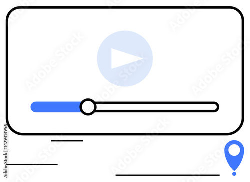 Video player screen with play button, progress bar, and a location pin. Ideal for media, travel, technology, user interface, streaming, content creation localization flat simple metaphor