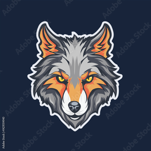 Vector portrait of a wolf on a dark blue background. Square illustration with a wolf's muzzle will be a good addition to any project.