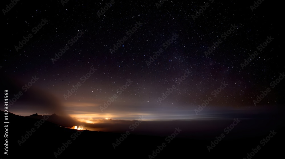 Fototapeta premium Starry night above a glowing campfire on a mountain plateau invites serene camping adventures