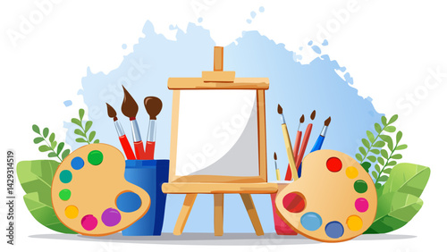 Art class vector with paintbrushes, palette, and easel, watercolor texture overlay.