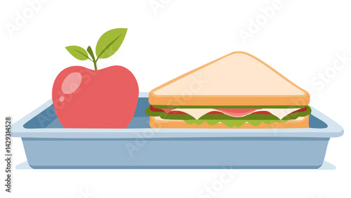 School lunch vector with cafeteria tray, apple, and sandwich, cute and simple.