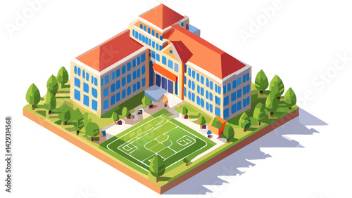 Isometric school campus with classrooms, playground, and trees, pixel-perfect design.