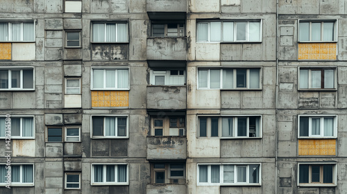 Front view of an old concrete apartment building with aged textures, repetitive windows, and minimal color accents.