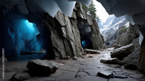 Inside an icy glacier cave with snow-capped mountains and rugged rocky floor in a remote mountain landscape photo