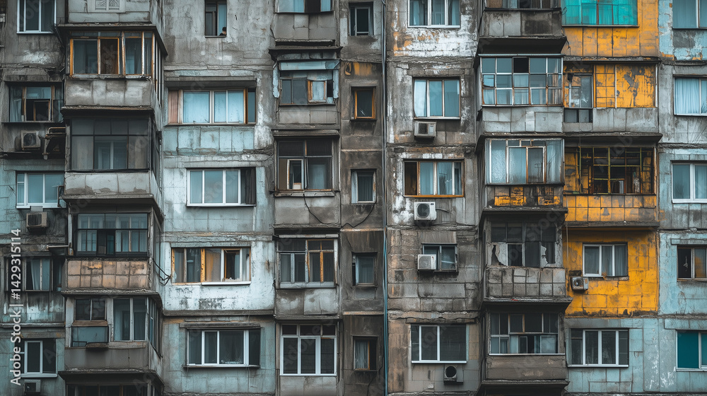 Old Soviet-era apartment building with worn concrete, colorful panels, broken windows, and weathered textures. Old Soviet-era apartment building with worn concrete, colorful panels, broken windows, and weathered textures.