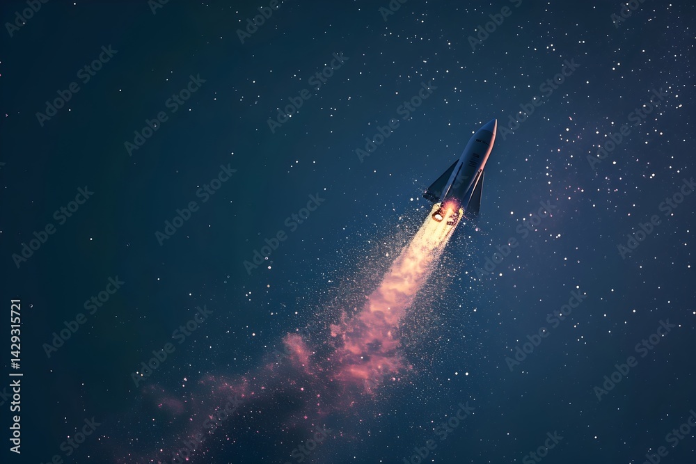 Rocket launch in starry night sky. Space exploration and astronomy concept. Spacecraft ascending through cosmic darkness leaving colorful trail. Future of interplanetary travel. Rocket launch in starry night sky. Space exploration and astronomy concept. Spacecraft ascending through cosmic darkness leaving colorful trail. Future of interplanetary travel.