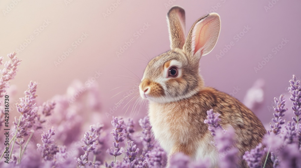 Fototapeta premium Charming brown rabbit with floppy ears, sitting on a simple lavender minimalist backdrop