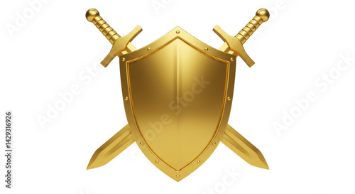 Isolated Golden Shield and Swords for Defense