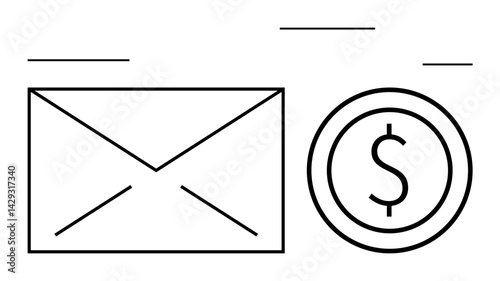 Minimalist line art of an envelope and a dollar coin indicating financial transactions, money transfer, or communication. Ideal for payment systems, billing services, e-commerce, banking, financial