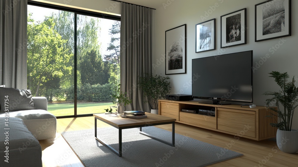 Obraz premium Modern living room, sunny garden view, interior design, home decor, relaxing atmosphere