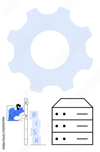 Gear mechanism, person measuring risk blocks, and data storage unit highlight systematic risk evaluation. Ideal for management, optimization, cybersecurity, problem-solving, teamwork, planning
