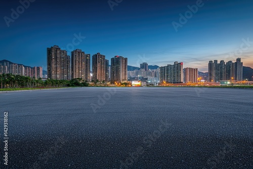 Empty asphalt road with modern city skyline at twilight