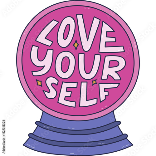 Lovely line cartoon magical crystal ball of fortune teller with bold typography in circle Love Yourself. Cute hand drawn doodle of enchanted glass ball with prophecy for future isolated on white.