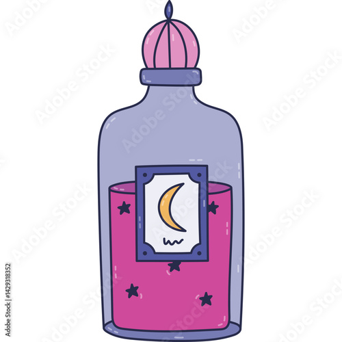 Lovely doodle bottle of magic potion with liquid, vintage lid and moon crescent on label. Hand drawn colorful magical or alchemy elixir in glass vial. Cute wizard and Halloween sign isolated on white