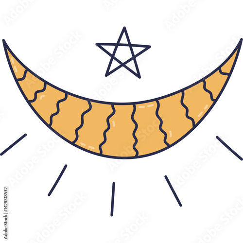 Lovely cartoon esoteric crescent moon with wavy stripes, line rays and star. Cute hand drawn celestial body as magical, psychic, astrology symbol. Simple mystic doodle isolated on white background.