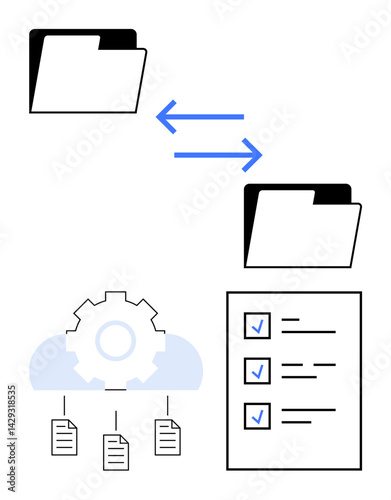 Folder icons connected by bidirectional arrows, cloud gear with document flow, and completed checklist. Ideal for cloud storage, synchronization, task management, data exchange, process automation