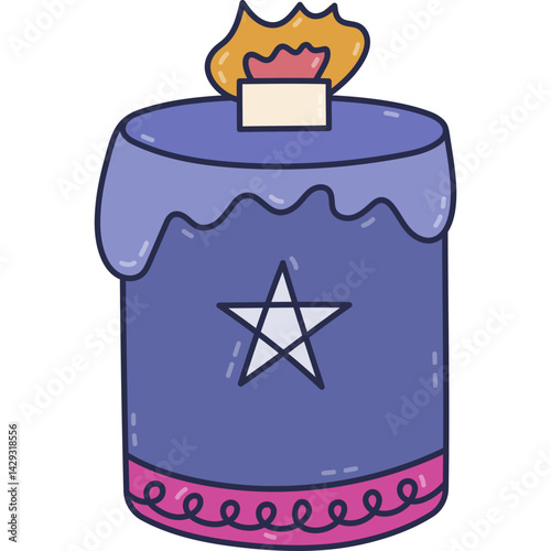 Lovely colored doodle burning melting candle with wooden wick and star. Cute hand drawn aromatic candle with lit fire for cosy home atmosphere, magical aura, wizard spell isolated on white background.