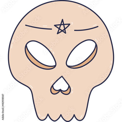 Doodle human skull head with esoteric star above eyes. Funny hand drawn skeleton face for magical, spiritual, supernatural experiments. Halloween and occult symbol isolated on white background.
