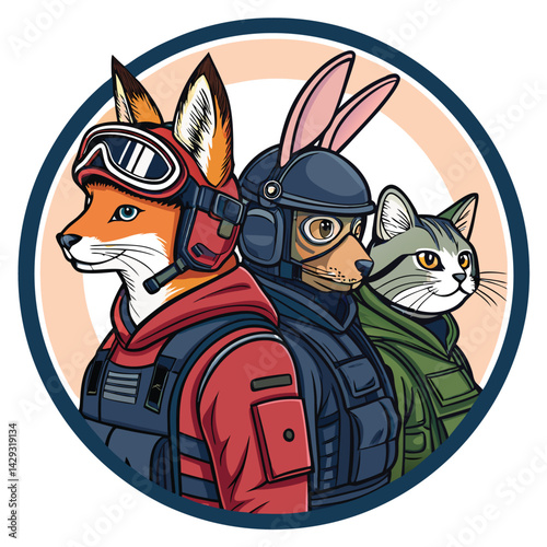 A whimsical illustration of a fox, rabbit, and cat band performing together.  Show their instruments and unique personalities.