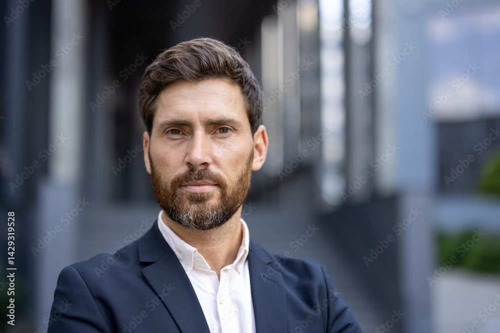 A handsome, bearded man in a suit poses confidently, looking directly at the camera with a composed expression. The urban backdrop hints at a professional setting. A handsome, bearded man in a suit poses confidently, looking directly at the camera with a composed expression. The urban backdrop hints at a professional setting.