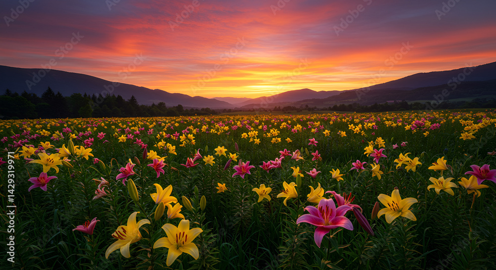 Fototapeta premium Sunset over Valley of Wild Lilies in Bloom