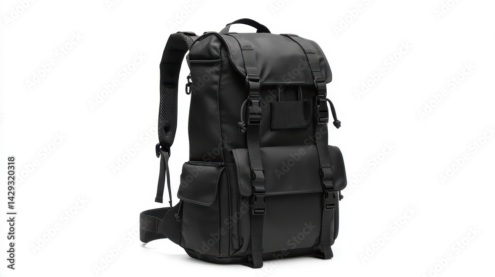 Naklejka premium Travel-friendly black backpack with modern graphic patterns, padded shoulder straps, and spacious compartments, isolate on white background